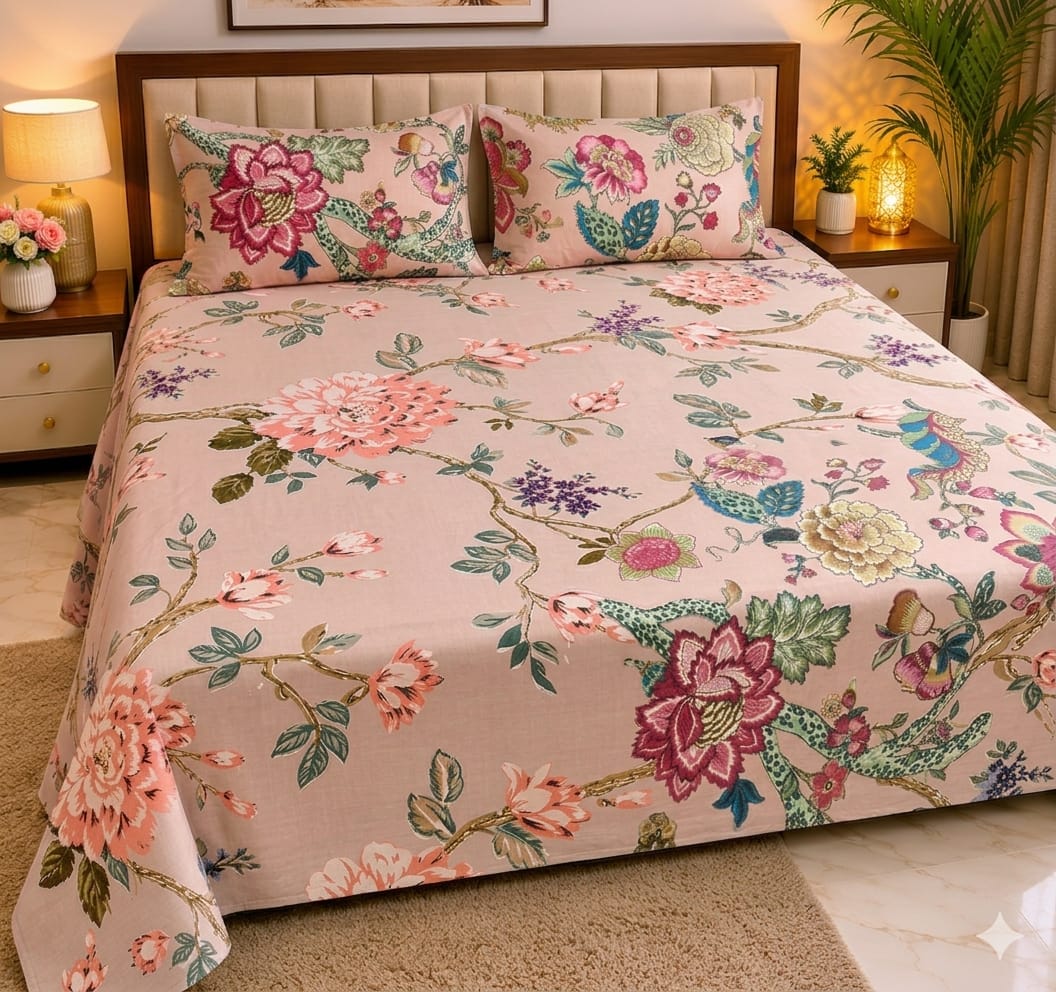 Machine Print Bedsheet | 100X108 King Size | 100% Cotton With 2 Pillow Covers (Copy) (Copy)