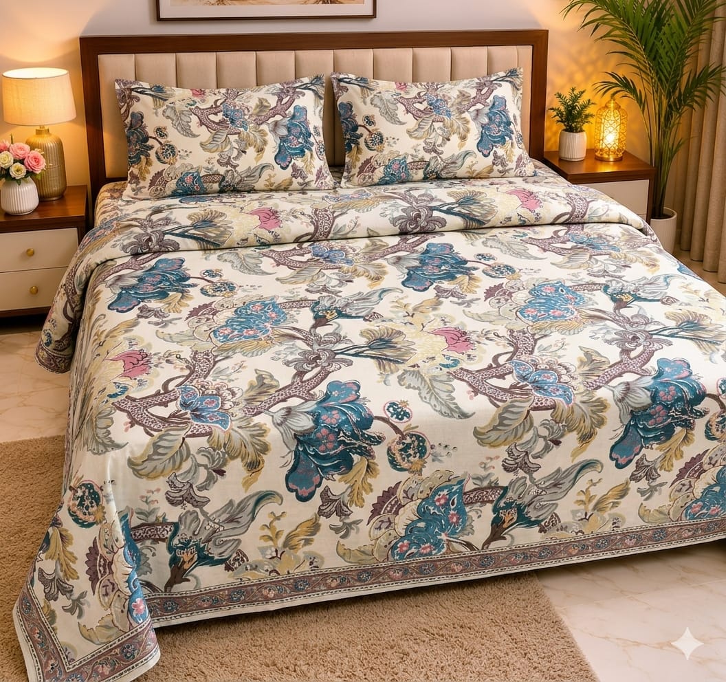Machine Print Bedsheet | 100X108 King Size | 100% Cotton With 2 Pillow Covers (Copy)