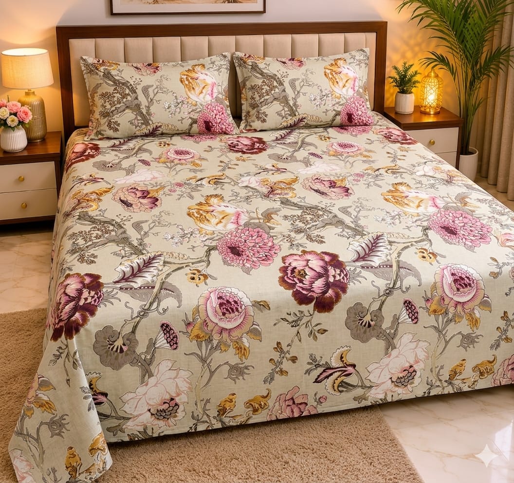 Machine Print Bedsheet | 100X108 King Size | 100% Cotton With 2 Pillow Covers (Copy) (Copy) (Copy)