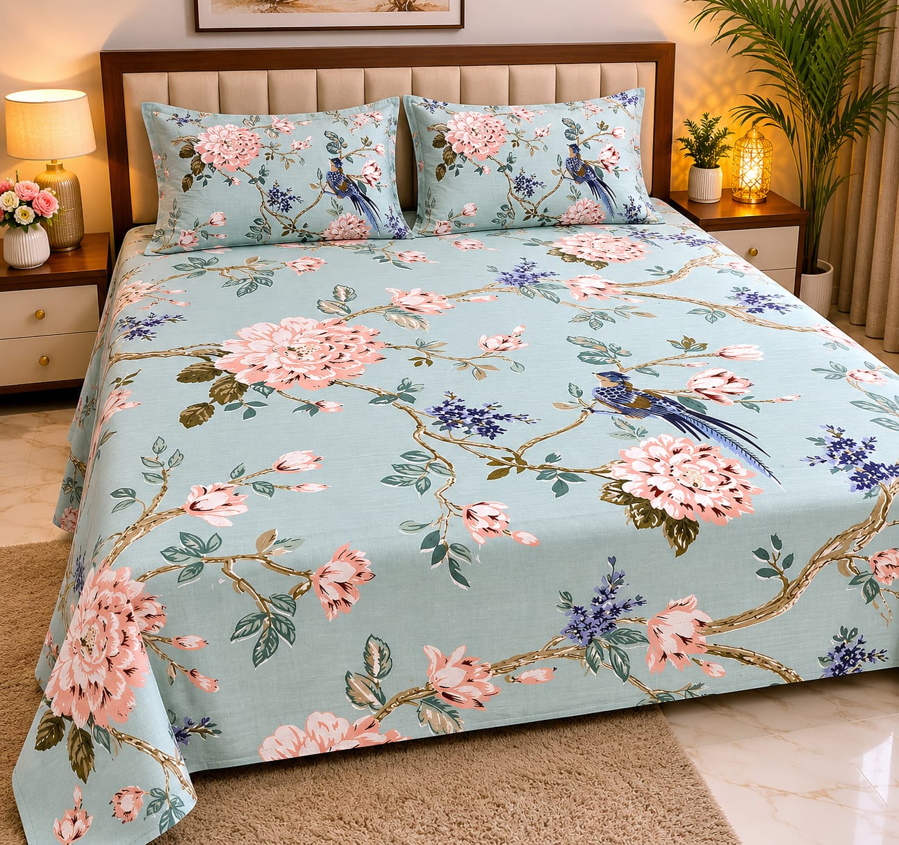 Machine Print Bedsheet | 100X108 King Size | 100% Cotton With 2 Pillow Covers