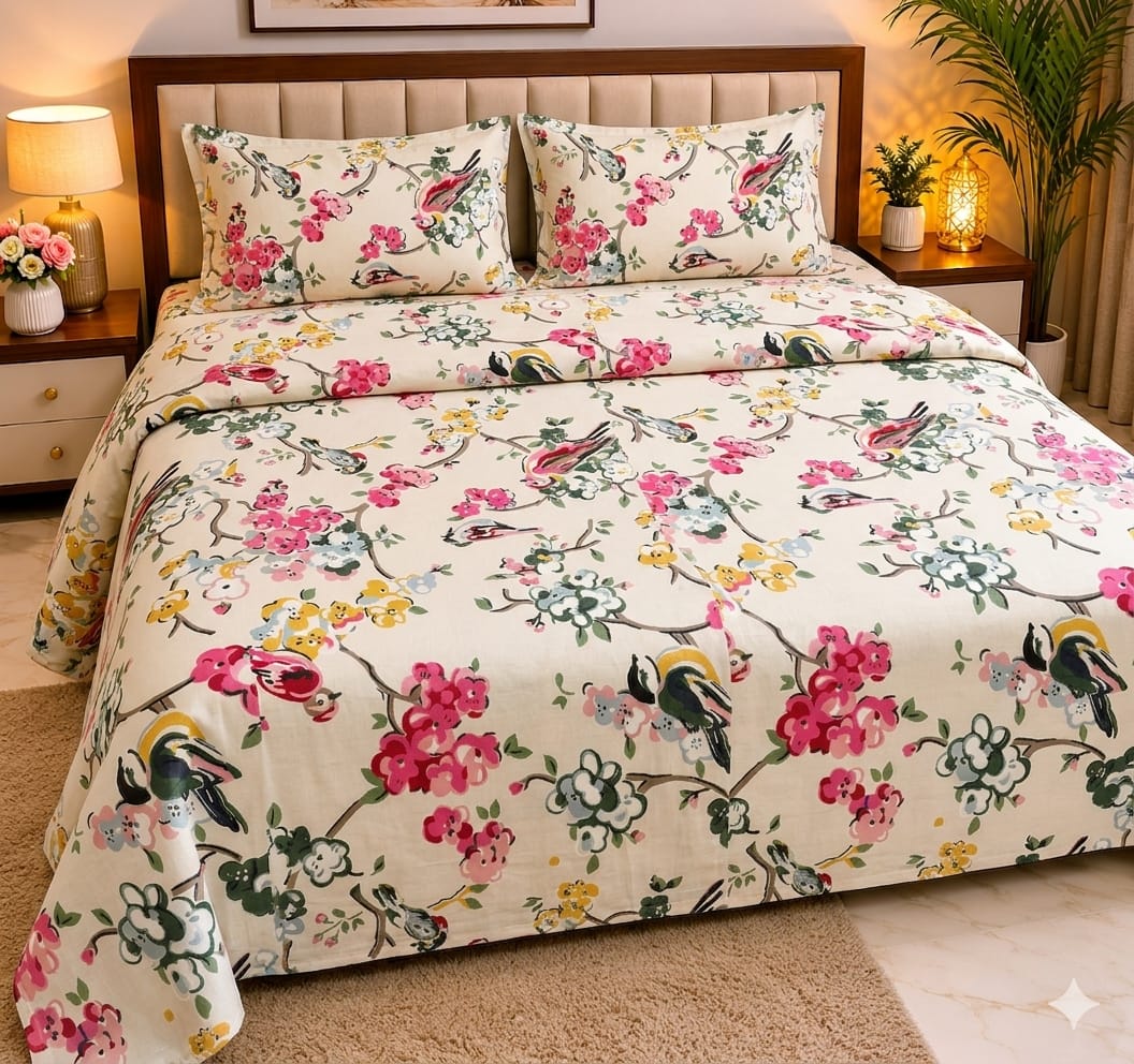 Machine Print Bedsheet | 100X108 King Size | 100% Cotton With 2 Pillow Covers