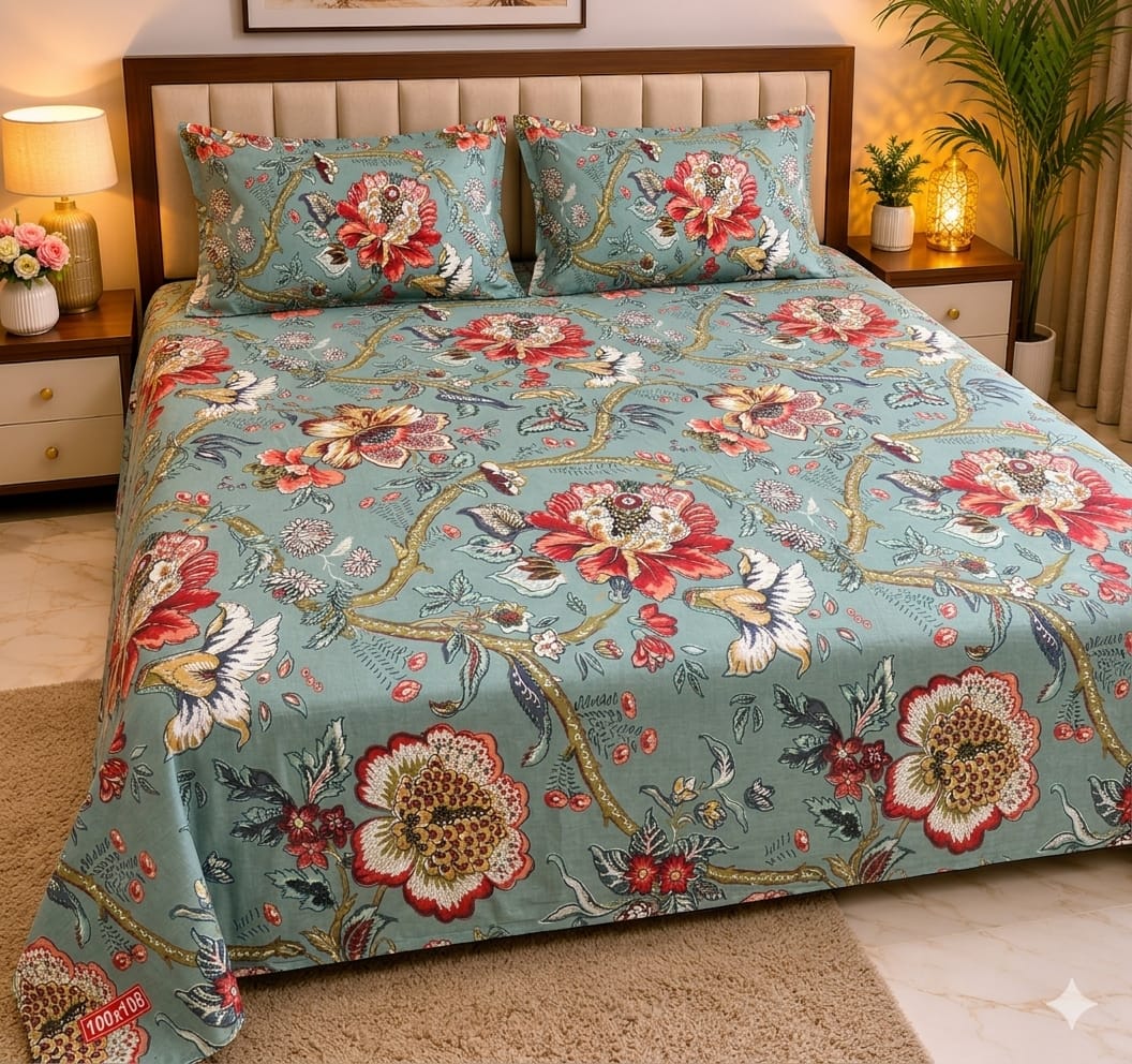 Machine Print Bedsheet | 100X108 King Size | 100% Cotton With 2 Pillow Covers