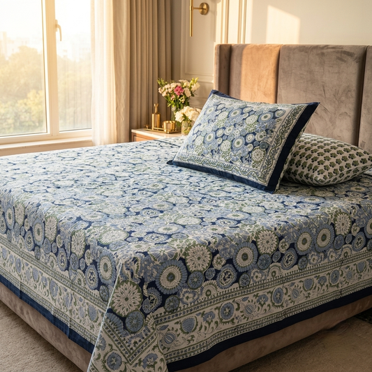 Navy & Light Blue Floral Motifs - Bedsheet