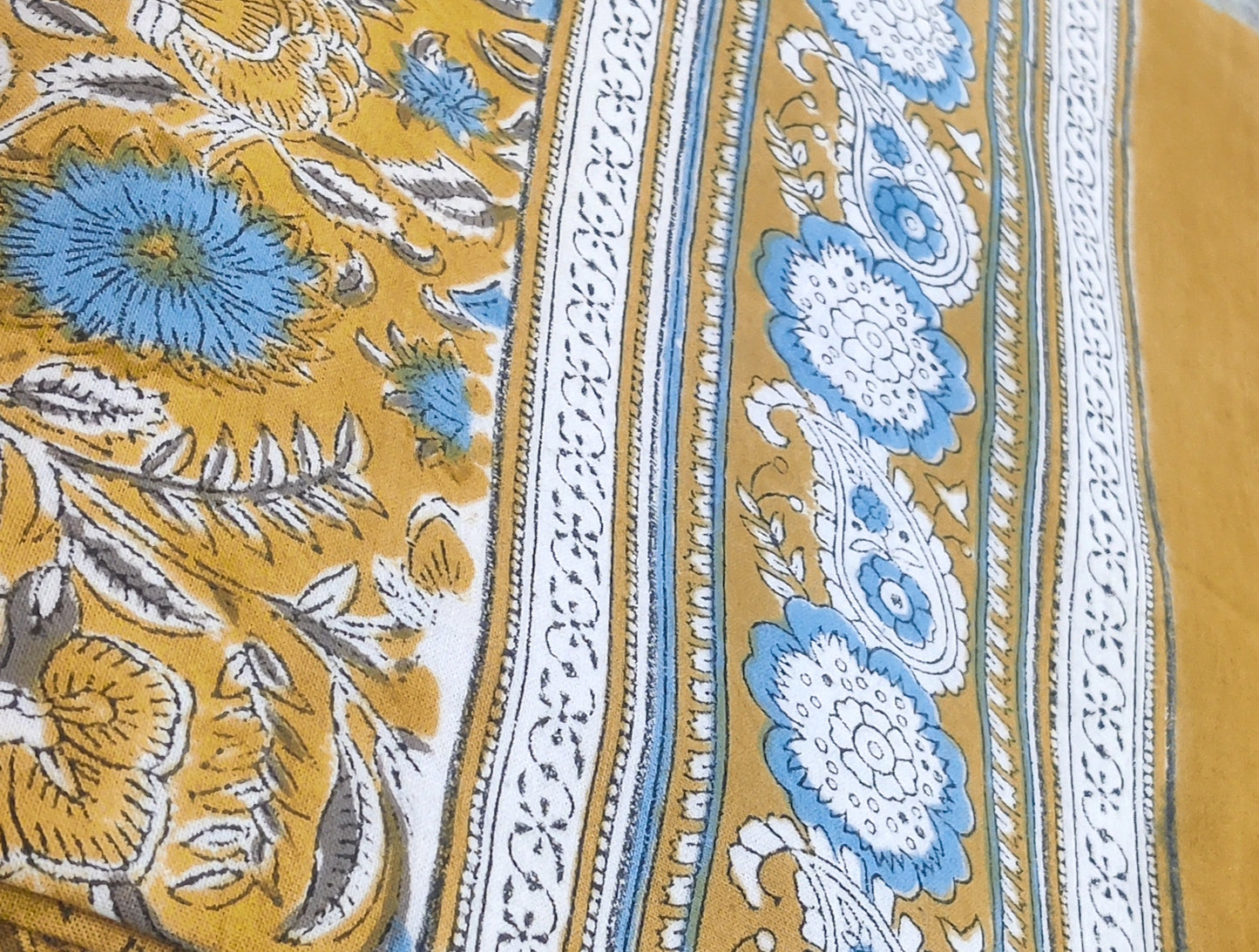 Mustard Yellow & Sky Blue Floral Motifs -  Bedsheet