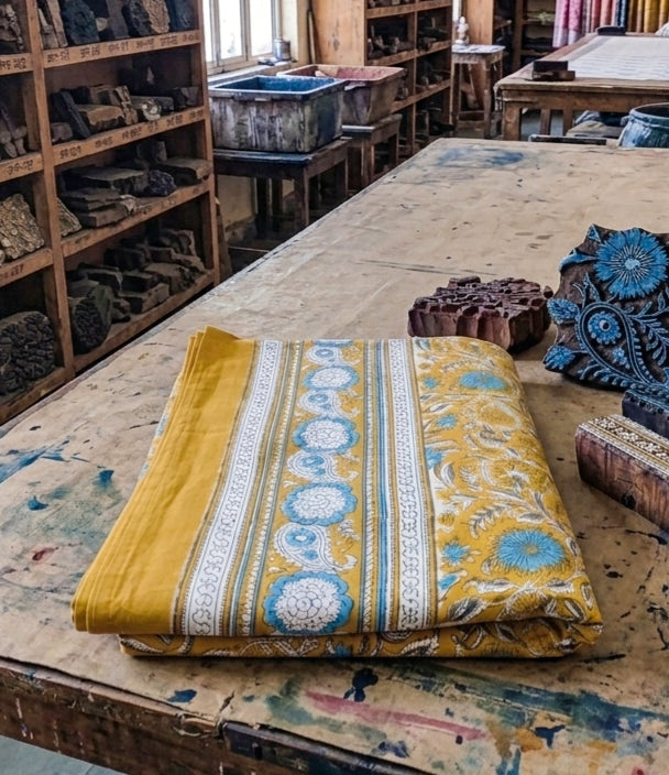 Mustard Yellow & Sky Blue Floral Motifs -  Bedsheet