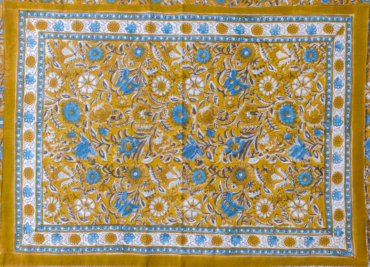 Mustard Yellow & Sky Blue Floral Motifs -  Bedsheet