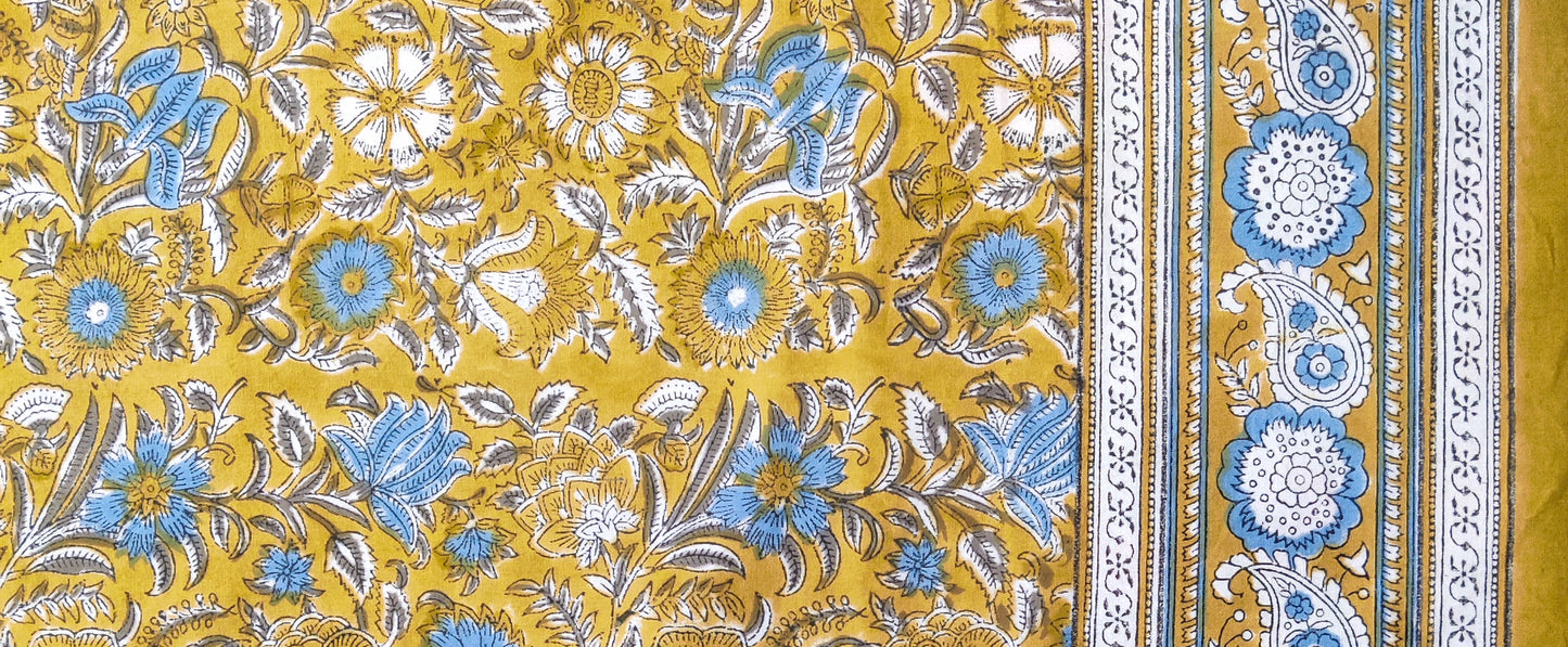 Mustard Yellow & Sky Blue Floral Motifs -  Bedsheet
