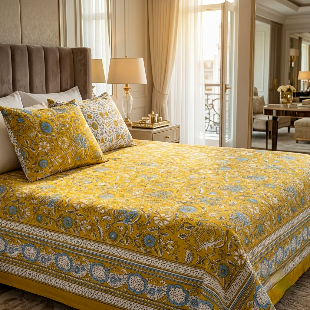 Mustard Yellow & Sky Blue Floral Motifs -  Bedsheet