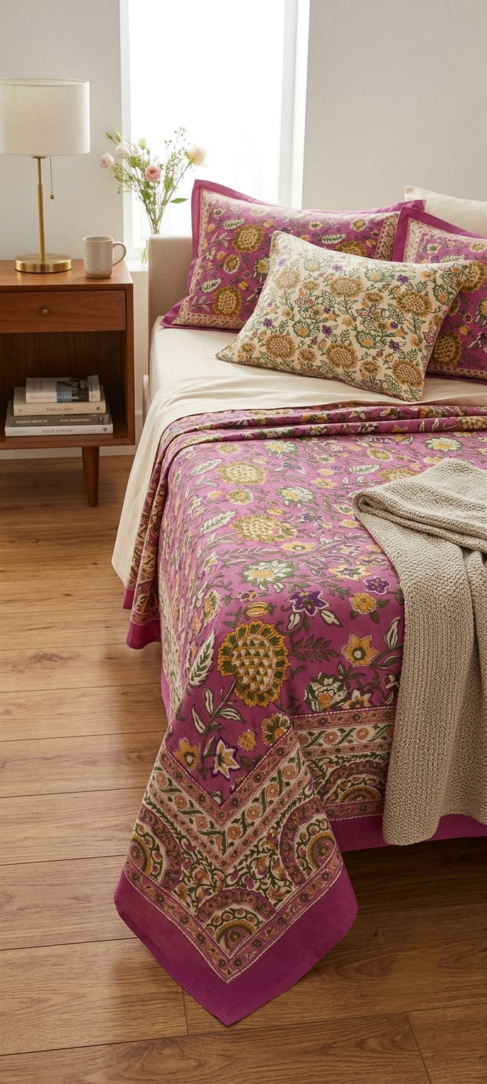 Pink & Green Floral Vines Motifs - Bedsheet