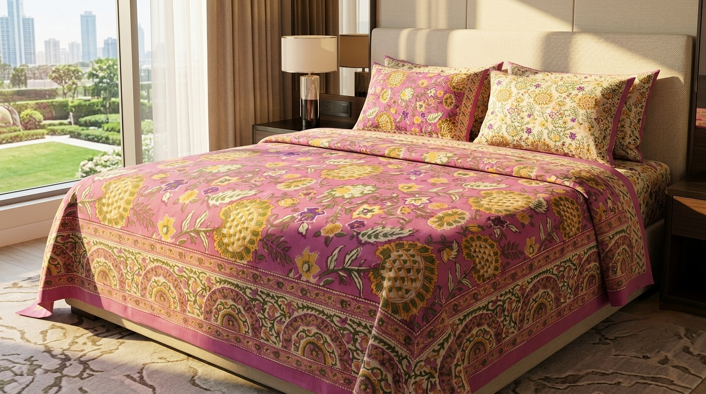 Pink & Green Floral Vines Motifs - Bedsheet