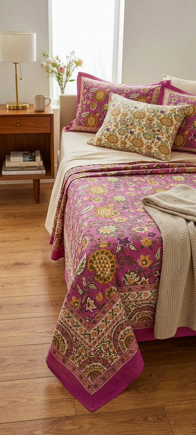 Pink & Green Floral Vines Motifs - Bedsheet