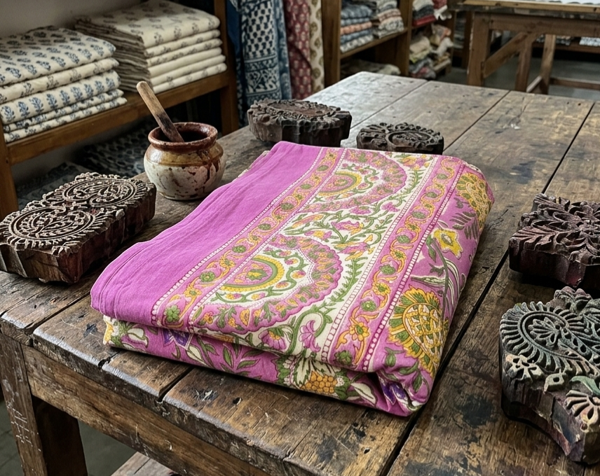 Pink & Green Floral Vines Motifs - Bedsheet