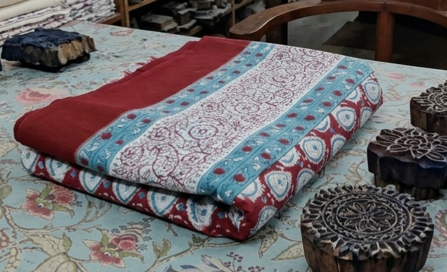 Maroon & Sky Blue Floral Motifs - Bedsheet