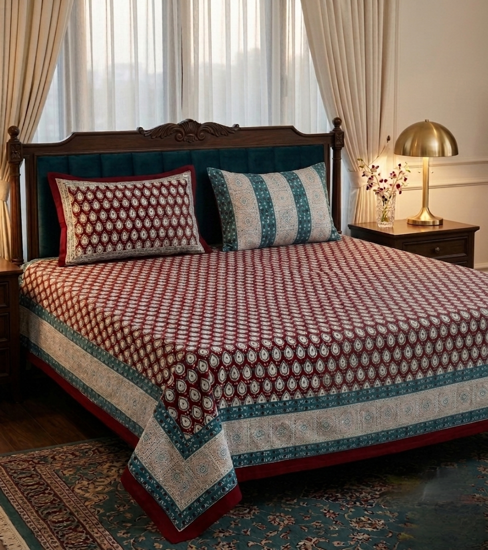 Maroon & Sky Blue Floral Motifs - Bedsheet