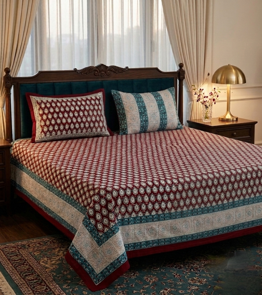 Maroon & Sky Blue Floral Motifs - Bedsheet