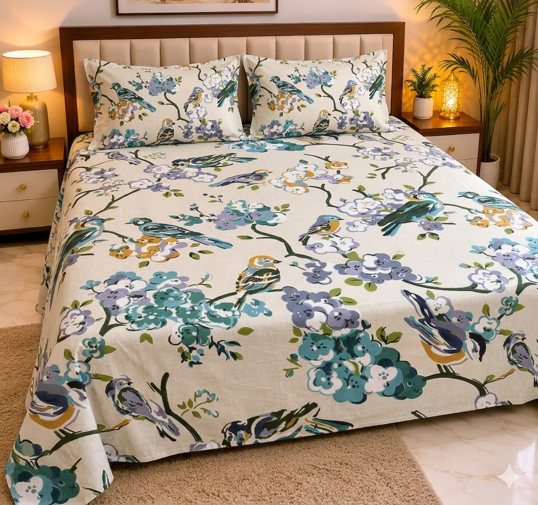 Machine Print Bedsheet | 100X108 King Size | 100% Cotton With 2 Pillow Covers
