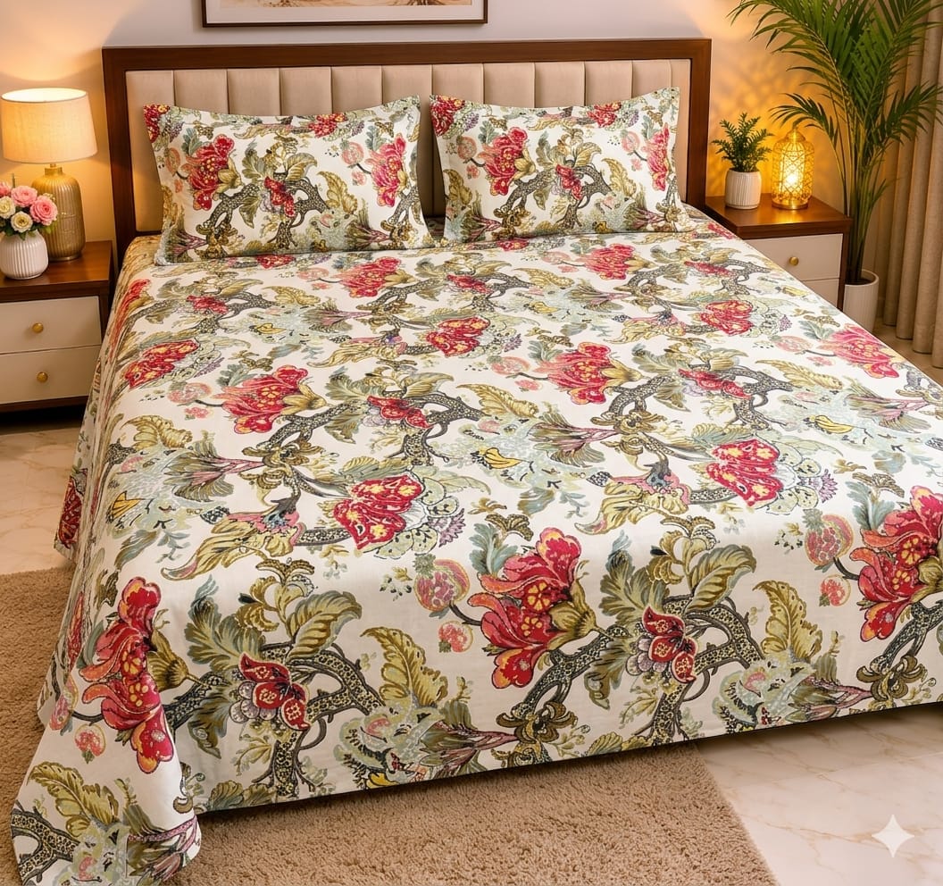 Machine Print Bedsheet | 100X108 King Size | 100% Cotton With 2 Pillow Covers