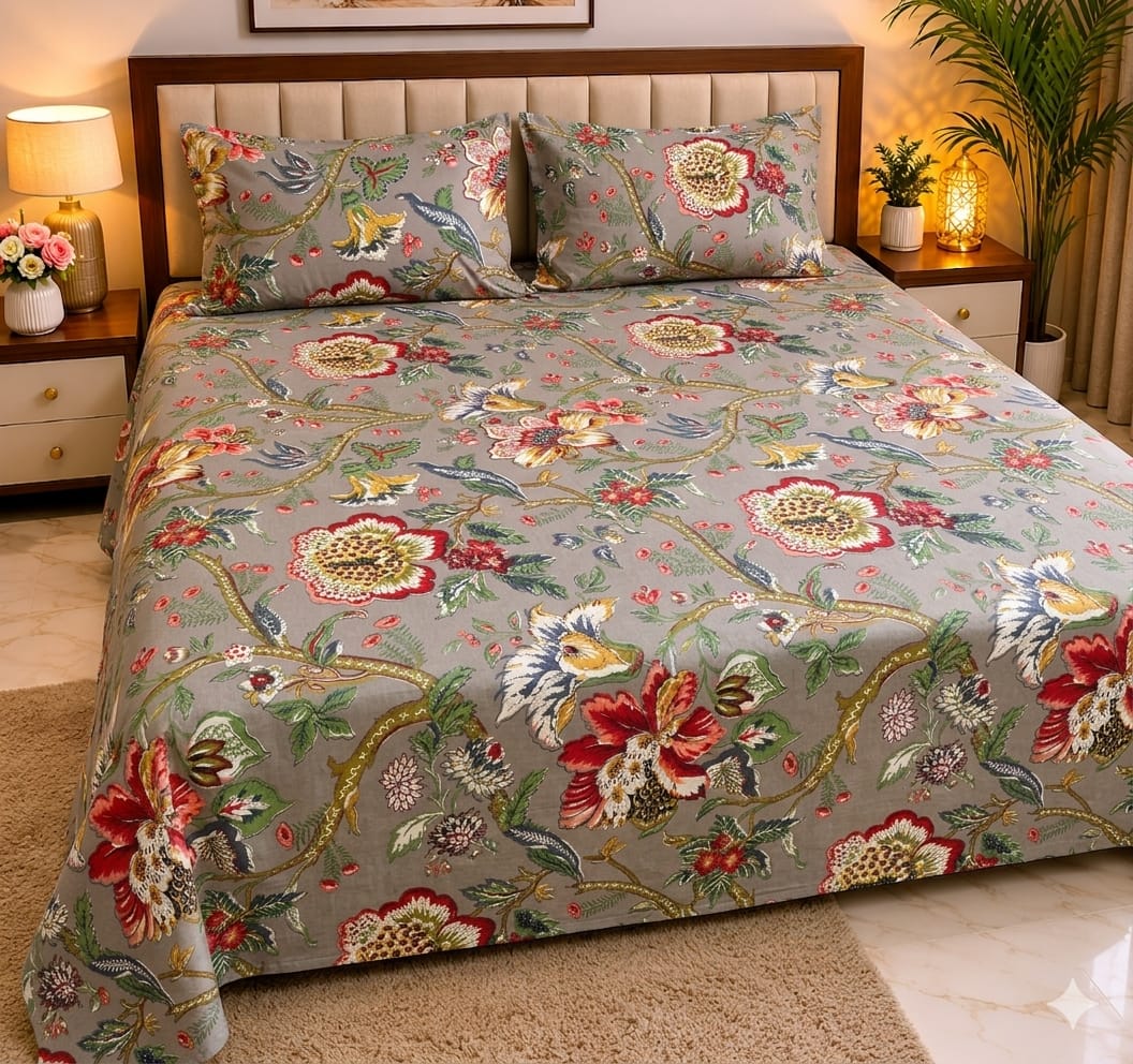 Machine Print Bedsheet | 100X108 King Size | 100% Cotton With 2 Pillow Covers